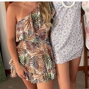 Tropical Leaf Print One Shoulder Romper